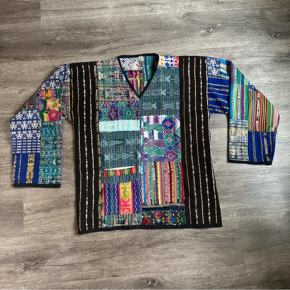 Guatemalan Handmade Colorful Patchwork Cotton Long Sleeve Top